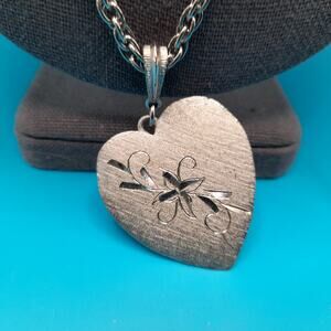 Vintage Heart Layered Long Necklace, Etched Pendant, Silver Tone, 25"